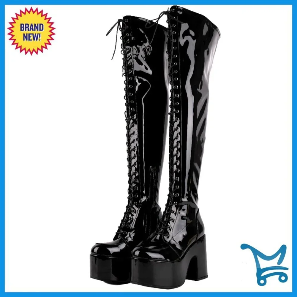 Thigh High Platform Boots Chunky Heel Lace Up Over Knee Gothic Style